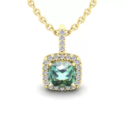 1.5 Carat Cushion Cut Green Amethyst & Halo Diamond Necklace in 14K Yellow Gold (2 g), 18 Inches,  by SuperJeweler