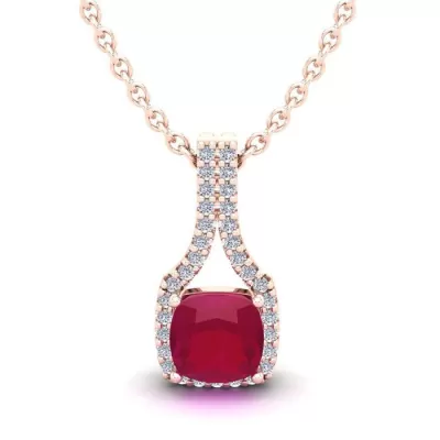 1.5 Carat Cushion Cut Ruby & Classic Halo Diamond Necklace in 14K Rose Gold (2.1 g), 18 Inches,  by SuperJeweler