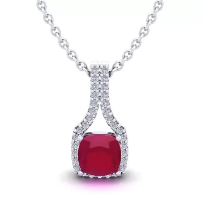 1.5 Carat Cushion Cut Ruby & Classic Halo Diamond Necklace in 14K White Gold (2.1 g), 18 Inches,  by SuperJeweler