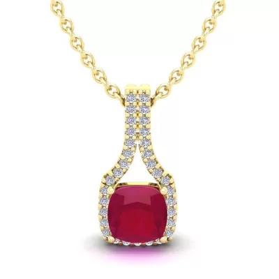 1.5 Carat Cushion Cut Ruby & Classic Halo Diamond Necklace in 14K Yellow Gold (2.1 g), 18 Inches,  by SuperJeweler