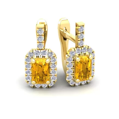 1.5 Carat Emerald Cut Citrine & Halo Diamond Dangle Earrings in 14K Yellow Gold (3.4 g),  by SuperJeweler
