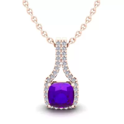 1 Carat Cushion Cut Amethyst & Classic Halo Diamond Necklace in 14K Rose Gold (2.1 g), 18 Inches,  by SuperJeweler