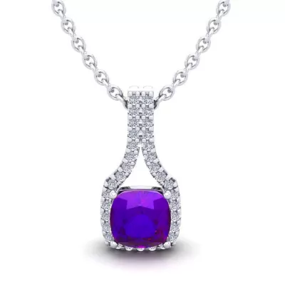 1 Carat Cushion Cut Amethyst & Classic Halo Diamond Necklace in 14K White Gold (2.1 g), 18 Inches,  by SuperJeweler