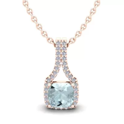 1 Carat Cushion Cut Aquamarine & Classic Halo Diamond Necklace in 14K Rose Gold (2.1 g), 18 Inches,  by SuperJeweler