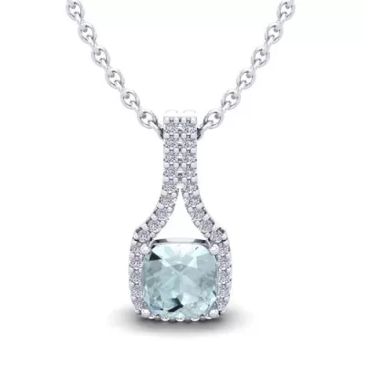 1 Carat Cushion Cut Aquamarine & Classic Halo Diamond Necklace in 14K White Gold (2.1 g), 18 Inches,  by SuperJeweler