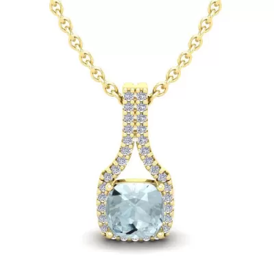 1 Carat Cushion Cut Aquamarine & Classic Halo Diamond Necklace in 14K Yellow Gold (2.1 g), 18 Inches,  by SuperJeweler