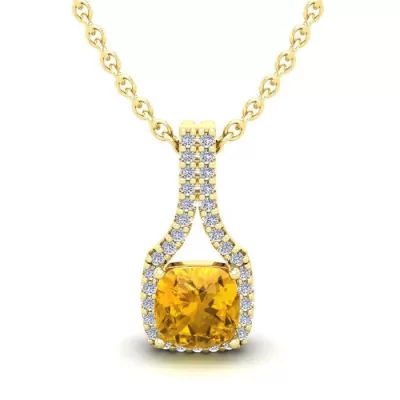 1 Carat Cushion Cut Citrine & Classic Halo Diamond Necklace in 14K Yellow Gold (2.1 g), 18 Inches,  by SuperJeweler