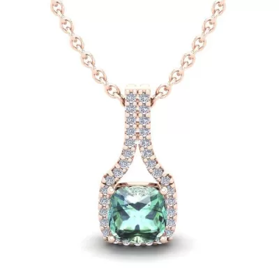 1 Carat Cushion Cut Green Amethyst & Classic Halo Diamond Necklace in 14K Rose Gold (2.1 g), 18 Inches,  by SuperJeweler