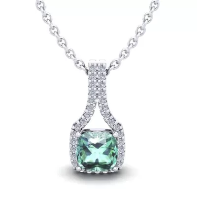 1 Carat Cushion Cut Green Amethyst & Classic Halo Diamond Necklace in 14K White Gold (2.1 g), 18 Inches,  by SuperJeweler
