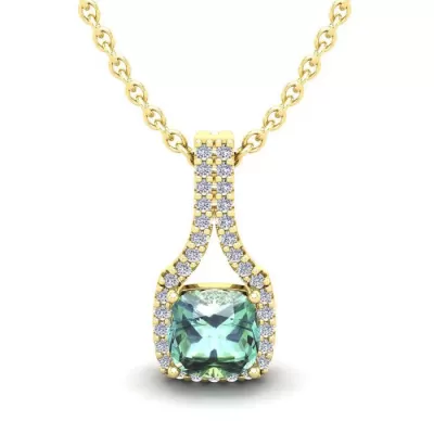 1 Carat Cushion Cut Green Amethyst & Classic Halo Diamond Necklace in 14K Yellow Gold (2.1 g), 18 Inches,  by SuperJeweler