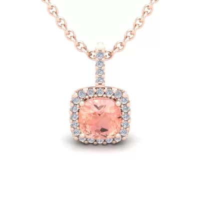 1 Carat Cushion Cut Morganite & Halo Diamond Necklace in 14K Rose Gold (1.5 g), 18 Inches,  by SuperJeweler