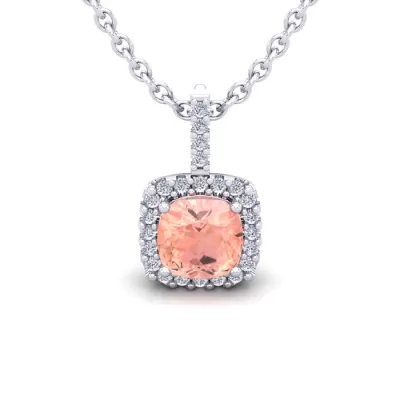 1 Carat Cushion Cut Morganite & Halo Diamond Necklace in 14K White Gold (1.5 g), 18 Inches,  by SuperJeweler