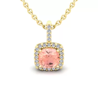 1 Carat Cushion Cut Morganite & Halo Diamond Necklace in 14K Yellow Gold (1.5 g), 18 Inches,  by SuperJeweler