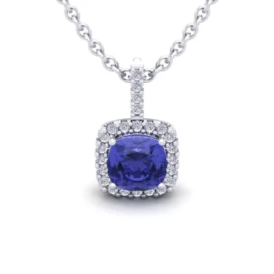 1 Carat Cushion Cut Tanzanite & Halo Diamond Necklace in 14K White Gold (1.5 g), 18 Inches,  by SuperJeweler