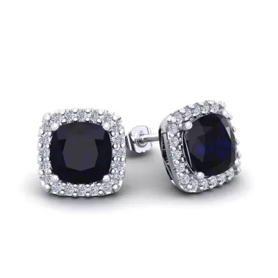 2 1/3 Carat Cushion Cut Sapphire & Halo Diamond Stud Earrings in 14K White Gold (2.6 g),  by SuperJeweler