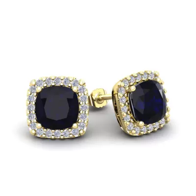 2 1/3 Carat Cushion Cut Sapphire & Halo Diamond Stud Earrings in 14K Yellow Gold (2.6 g),  by SuperJeweler