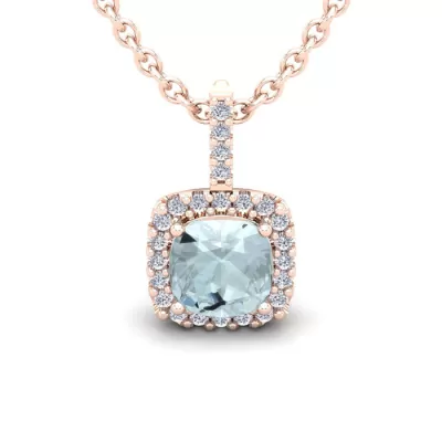 2.5 Carat Cushion Cut Aquamarine & Halo Diamond Necklace in 14K Rose Gold (2.4 g), 18 Inches,  by SuperJeweler