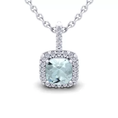 2.5 Carat Cushion Cut Aquamarine & Halo Diamond Necklace in 14K White Gold (2.4 g), 18 Inches,  by SuperJeweler