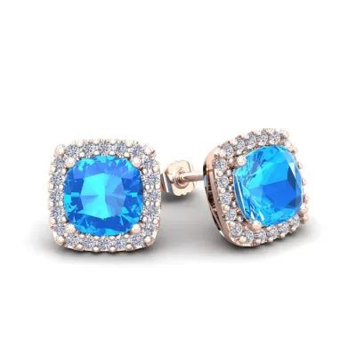 2.5 Carat Cushion Cut Blue Topaz & Halo Diamond Stud Earrings in 14K Rose Gold (2.6 g),  by SuperJeweler