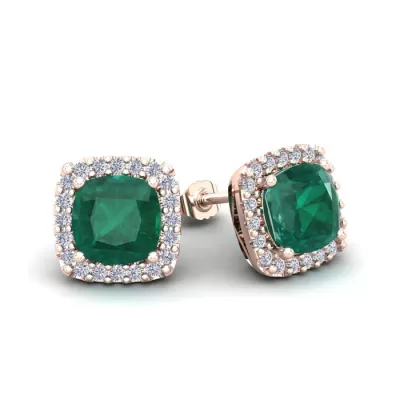 2.5 Carat Cushion Cut Emerald & Halo Diamond Stud Earrings in 14K Rose Gold (2.6 g),  by SuperJeweler
