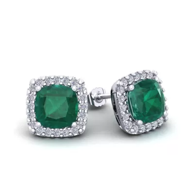 2.5 Carat Cushion Cut Emerald & Halo Diamond Stud Earrings in 14K White Gold (2.6 g),  by SuperJeweler