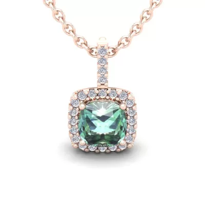 2.5 Carat Cushion Cut Green Amethyst & Halo Diamond Necklace in 14K Rose Gold (2.4 g), 18 Inches,  by SuperJeweler