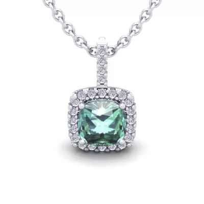 2.5 Carat Cushion Cut Green Amethyst & Halo Diamond Necklace in 14K White Gold (2.4 g), 18 Inches,  by SuperJeweler