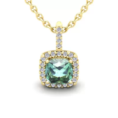 2.5 Carat Cushion Cut Green Amethyst & Halo Diamond Necklace in 14K Yellow Gold (2.4 g), 18 Inches,  by SuperJeweler