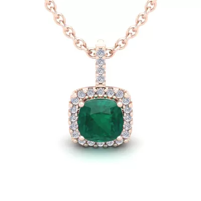 2 Carat Cushion Cut Emerald & Halo Diamond Necklace in 14K Rose Gold (2 g), 18 Inches,  by SuperJeweler