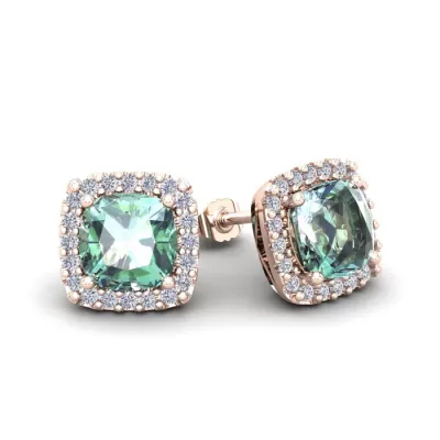 2 Carat Cushion Cut Green Amethyst & Halo Diamond Stud Earrings in 14K Rose Gold (2.6 g),  by SuperJeweler