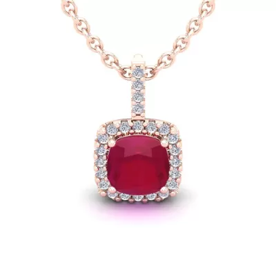 2 Carat Cushion Cut Ruby & Halo Diamond Necklace in 14K Rose Gold (2 g), 18 Inches,  by SuperJeweler