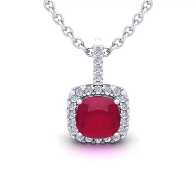 2 Carat Cushion Cut Ruby & Halo Diamond Necklace in 14K White Gold (2 g), 18 Inches,  by SuperJeweler