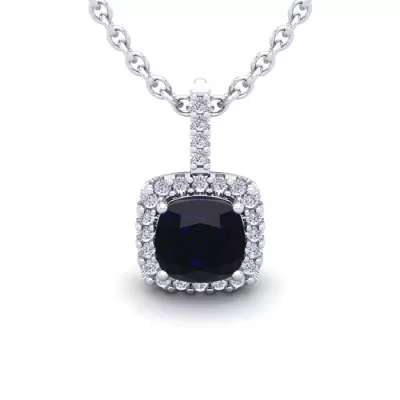 2 Carat Cushion Cut Sapphire & Halo Diamond Necklace in 14K White Gold (2 g), 18 Inches,  by SuperJeweler
