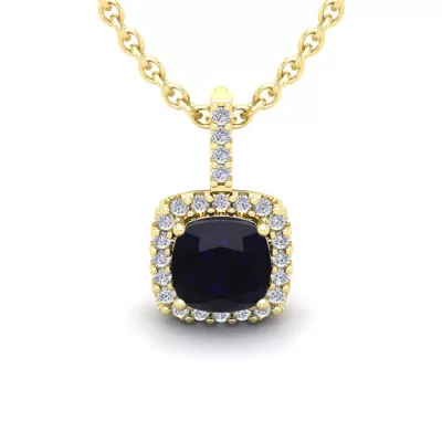 2 Carat Cushion Cut Sapphire & Halo Diamond Necklace in 14K Yellow Gold (2 g), 18 Inches,  by SuperJeweler
