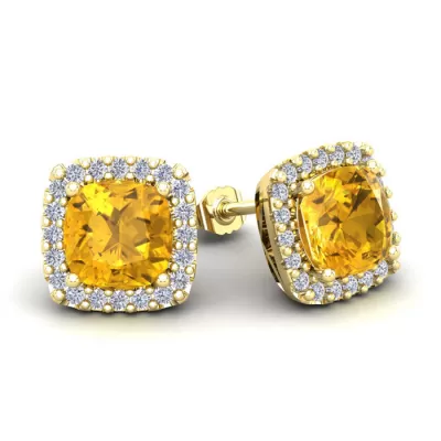 3 1/2 Carat Cushion Cut Citrine & Halo Diamond Stud Earrings in 14K Yellow Gold (3.5 g),  by SuperJeweler