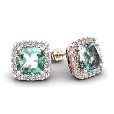 3 1/2 Carat Cushion Cut Green Amethyst & Halo Diamond Stud Earrings in 14K Rose Gold (3.5 g),  by SuperJeweler