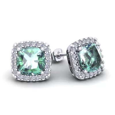 3 1/2 Carat Cushion Cut Green Amethyst & Halo Diamond Stud Earrings in 14K White Gold (3.5 g),  by SuperJeweler