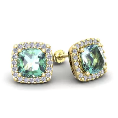 3 1/2 Carat Cushion Cut Green Amethyst & Halo Diamond Stud Earrings in 14K Yellow Gold (3.5 g),  by SuperJeweler