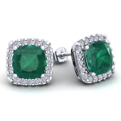 4 3/4 Carat Cushion Cut Emerald & Halo Diamond Stud Earrings in 14K White Gold (3.7 g),  by SuperJeweler