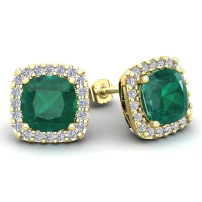 4 3/4 Carat Cushion Cut Emerald & Halo Diamond Stud Earrings in 14K Yellow Gold (3.7 g),  by SuperJeweler
