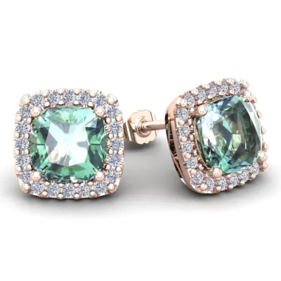 4 3/4 Carat Cushion Cut Green Amethyst & Halo Diamond Stud Earrings in 14K Rose Gold (3.7 g),  by SuperJeweler
