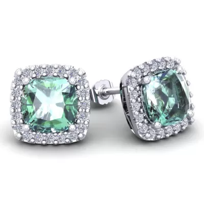 4 3/4 Carat Cushion Cut Green Amethyst & Halo Diamond Stud Earrings in 14K White Gold (3.7 g),  by SuperJeweler