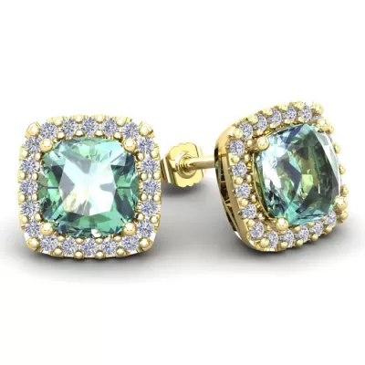 4 3/4 Carat Cushion Cut Green Amethyst & Halo Diamond Stud Earrings in 14K Yellow Gold (3.7 g),  by SuperJeweler