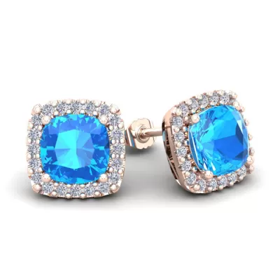 4 Carat Cushion Cut Blue Topaz & Halo Diamond Stud Earrings in 14K Rose Gold (3.5 g),  by SuperJeweler