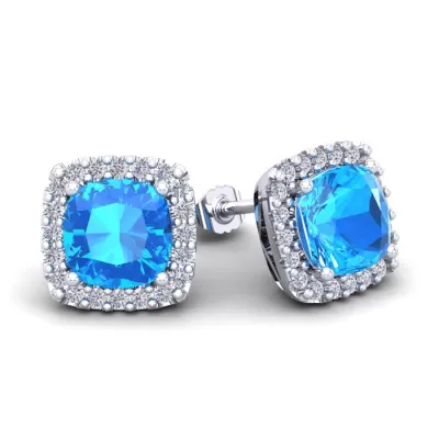 4 Carat Cushion Cut Blue Topaz & Halo Diamond Stud Earrings in 14K White Gold (3.5 g),  by SuperJeweler
