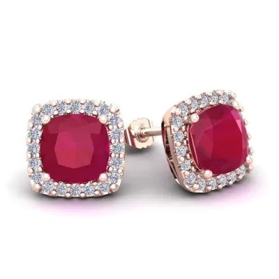 4 Carat Cushion Cut Ruby & Halo Diamond Stud Earrings in 14K Rose Gold (3.5 g),  by SuperJeweler