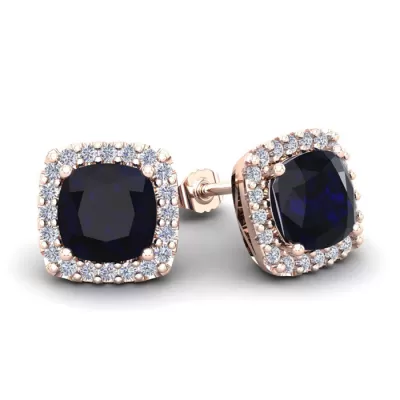 4 Carat Cushion Cut Sapphire & Halo Diamond Stud Earrings in 14K Rose Gold (3.5 g),  by SuperJeweler