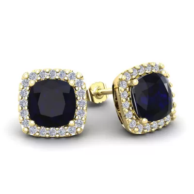 4 Carat Cushion Cut Sapphire & Halo Diamond Stud Earrings in 14K Yellow Gold (3.5 g),  by SuperJeweler