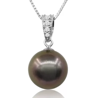 10-11MM AAA Cultured Black Tahitian Pearl Necklace in 18K White Gold (3 g) w/ Crystal Accents, 18 Inches by SuperJeweler