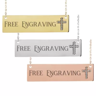 14K Gold (5.6 g) 0.03 Carat Diamond Cross Bar Necklace w/ Free Custom Engraving, 16 Inches, G/H Color by SuperJeweler